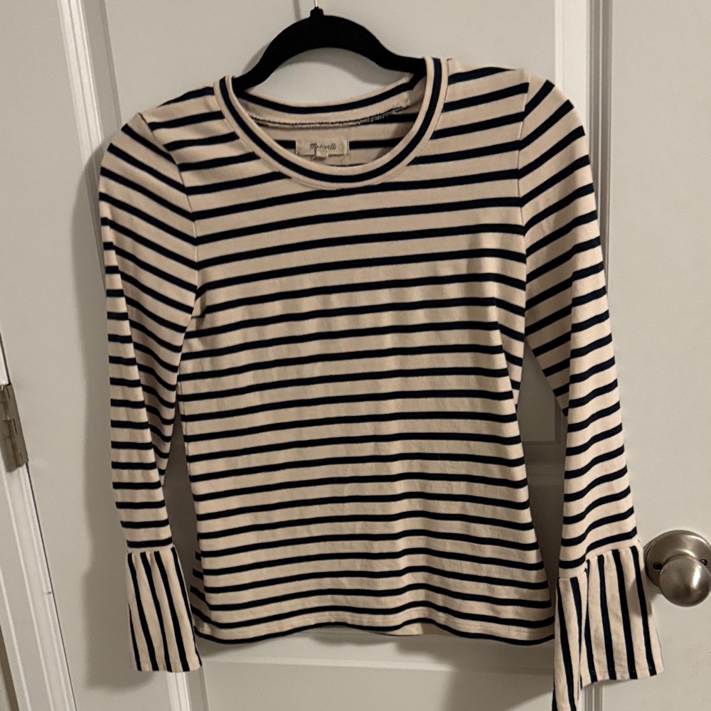 Madewell Navy and Cream Bell-Sleeve Striped Top